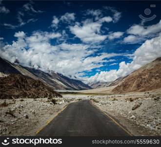 Road in Himalayan landscape in Nubra valley in Himalayas. Ladakh, India