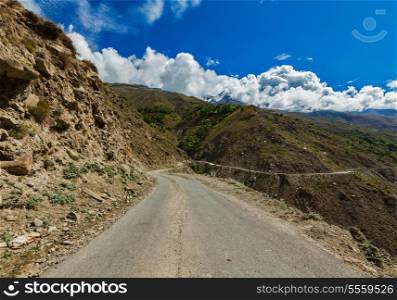 Road in Himalayas. Lahaul valley, Himachal Pradesh, India