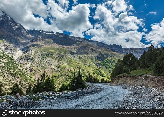 Road in Himalayas. Lahaul valley, Himachal Pradesh, India