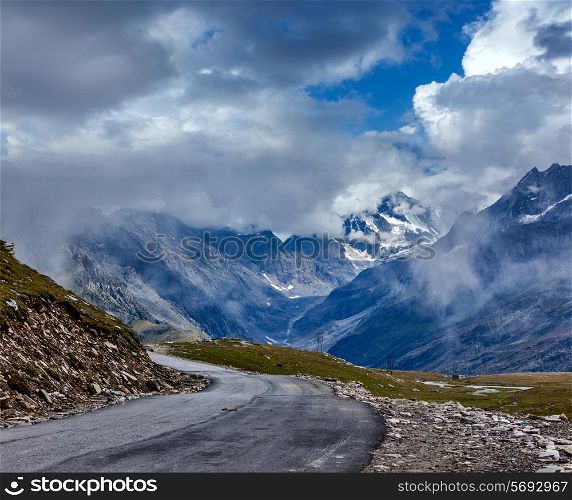 Road in Himalayas. Rohtang La pass, Himachal Pradesh, India