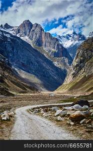 Road in Lahaul Valley in Himalayas. Himachal Pradesh, India India. Road in Lahaul Valley, India