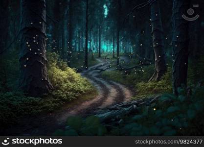 Road in magic forest. Illustration Generative AI