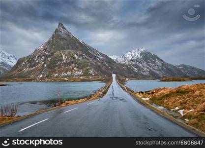 Road in Norwegian fjord. Lofoten islands, Norway. Road in Norway with bridge