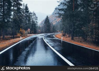 Road in the autumn forest in rain. Perfect asphalt mountain road in overcast rainy day. Roadway with reflection and pine trees in italian alps. Transportation. Empty highway in foggy woodland. Trip