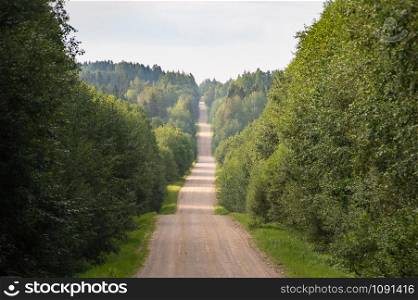 Road in the countryside landscape in Latvia in summer morning light, going up and down through green forest