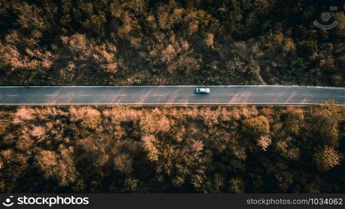 road in the forest on the mountain at pictures style aerial view evening time