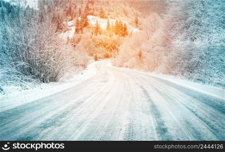 Road in the mountains in winter. Road in mountains in winter