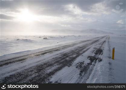 Road into the blizzard, winter in Iceland, Europe