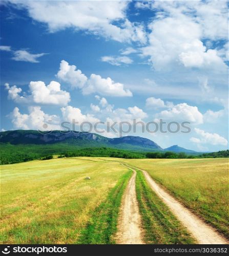 Road lane and deep blue sky. Nature design. . Road lane in mountain meadow.