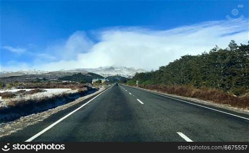 Road leading to Whakapapa Ski Field, Ruapehu. Alpine highway in Tongariro National Park, New Zealand