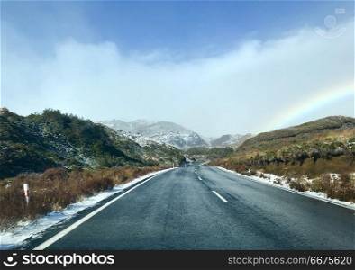 Road leading to Whakapapa Ski Field, Ruapehu. Alpine highway in Tongariro National Park, New Zealand