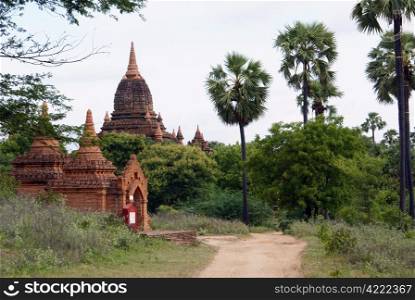 Road, palm trees and brick temple in OLd Bagan, Myanmar