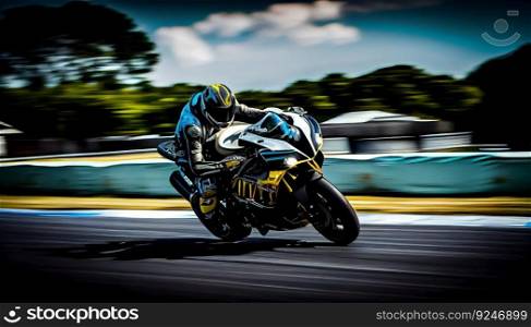 Road racing motorcycle in high speed into a curve, panning shot. Generative ai art. Road racing motorcycle in high speed into a curve, panning shot. Generative ai