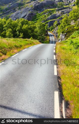Road running through summer norwegian mountains. Beautiful landscape.. Road landscape in norwegian mountains