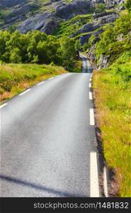 Road running through summer norwegian mountains. Beautiful landscape.. Road landscape in norwegian mountains