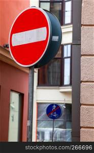 Road sign No Entry before entering the Old Riga, Latvia. No Entry sign in center of Riga.