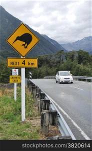 Road sign warning of kiwis near Arthurs Pass, South Island, New Zealand