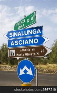 Road signs pointing different directions in Tuscany, Italy.