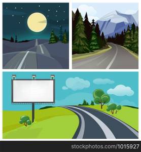 Road to city. Highway and different types of urban road over hills vector weather landscape. Illustration of highway road, travel transportation. Road to city. Highway and different types of urban road over hills vector weather landscape
