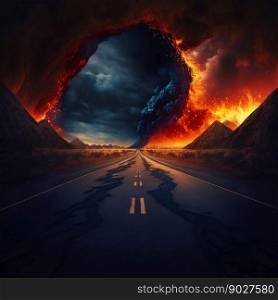Road to hell eruption. Ge≠rative ai. High quality illustration. Road to hell eruption. Ge≠rative ai
