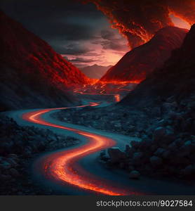 Road to hell eruption. Generative ai. High quality illustration. Road to hell eruption. Generative ai