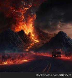Road to hell eruption. Generative ai. High quality illustration. Road to hell eruption. Generative ai