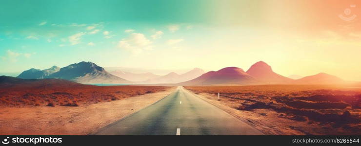 Road to horizon in desert landscape on sunset. Travel concept. Generative AI.. Road to horizon in desert landscape on sunset. Travel concept. Generative AI