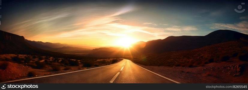 Road to horizon in desert landscape on sunset. Travel concept. Generative AI.. Road to horizon in desert landscape on sunset. Travel concept. Generative AI