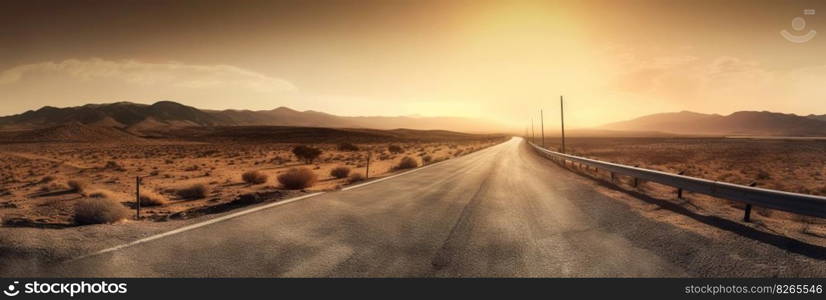 Road to horizon in desert landscape on sunset. Travel concept. Generative AI.. Road to horizon in desert landscape on sunset. Travel concept. Generative AI