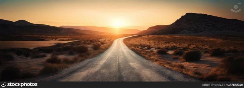 Road to horizon in desert landscape on sunset. Travel concept. Generative AI.. Road to horizon in desert landscape on sunset. Travel concept. Generative AI