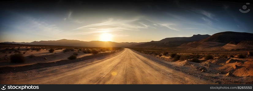 Road to horizon in desert landscape on sunset. Travel concept. Generative AI.. Road to horizon in desert landscape on sunset. Travel concept. Generative AI