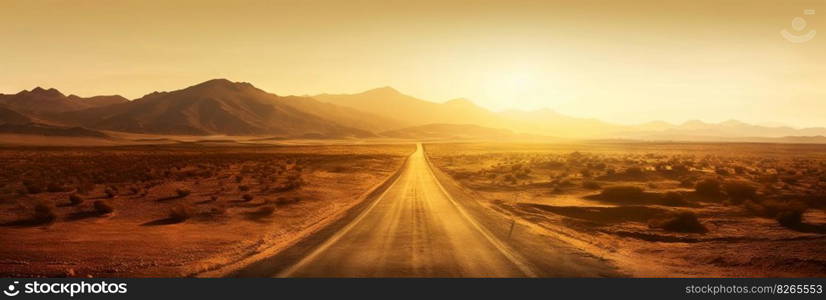 Road to horizon in desert landscape on sunset. Travel concept. Generative AI.. Road to horizon in desert landscape on sunset. Travel concept. Generative AI