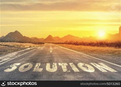 Road to problem solving. Natural landscape with word solution written on road