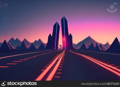 Road to the horizon concept with synthwave colors. Abstract background with surreal night way in 80s style. Generated AI. Road to the horizon concept with synthwave colors. Abstract background with surreal night way in 80s style. Generated AI.