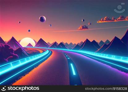 Road to the horizon concept with synthwave colors. Abstract background with surreal night way in 80s style. Generated AI. Road to the horizon concept with synthwave colors. Abstract background with surreal night way in 80s style. Generated AI.