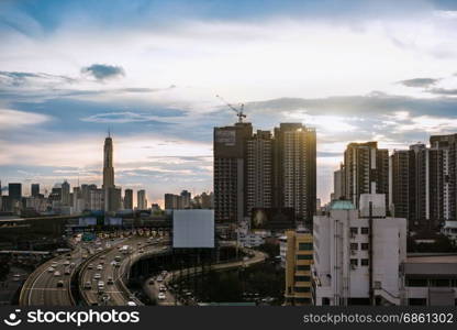 road traffic transportation and city in bangkok at twilight sunray and white big billboard