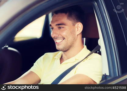 road trip, transport, leisure and people concept - happy smiling man driving car outdoors