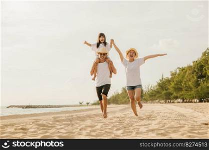 Road trips day. Happy family people having fun in summer vacation on beach, daughter riding on father back and mother running race at sand beach, enjoying road family trip playing together outdoor