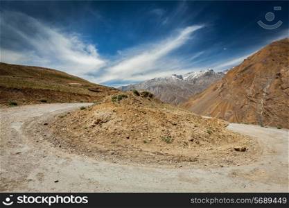 Road turn in Himalayas. Spiti Valley, Himachal Pradesh, India