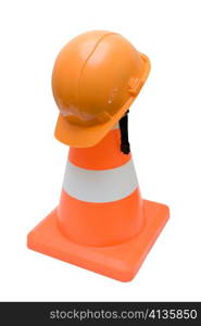 Road warning cone and orange helmet isolated on a white background