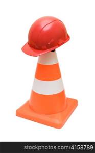 Road warning cone and red helmet isolated on a white background