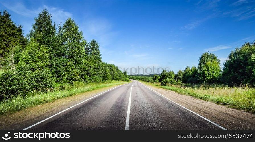 Road way forward direction. Road way forward direction. Summer day landscape. Road way forward direction