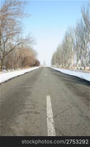 Road with a marking. A winter line with a snow on a roadside and trees