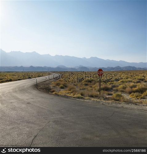 Road with stop sign in barren landscape with mountain in distance.