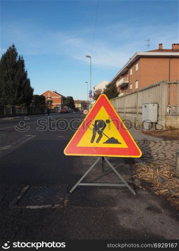 road works sign. Warning signs, men at work road works traffic sign