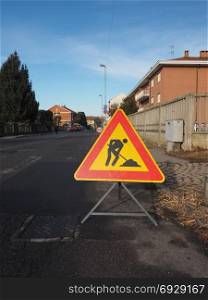 road works sign. Warning signs, men at work road works traffic sign