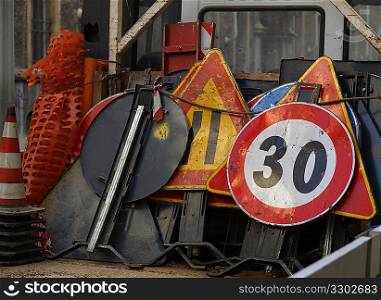 Road works signs and traffic cones on a lorry