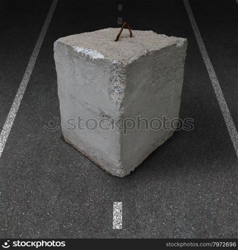 Roadblock obstacle and barrier business concept with a huge cement or concrete cube barricade blocking a road or highway as a symbol of restricted opportunity or political gridlock resulting in government or financial system shutdown.