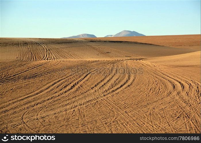 Roads and sand desert near Uyuni in Bolivia