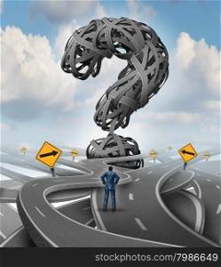 Roads confusion challenge and crisis business concept as a confused businessman facing a difficult challenge with a group of tangled streets and highways shaped as a question mark as a financial metaphor for uncertainty stress.